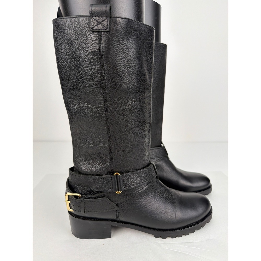 Diane von Furstenberg DVF Moto Boots 7.5 Black Leather Buckle Lug Sole Biker
